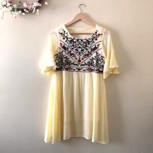 Floral Embroidered Tunic Mini Dress Yellow Size S